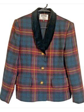 Kasper Petite Plaid Wool Blazer Old Money Academia Velvet Collar Jacket 8P